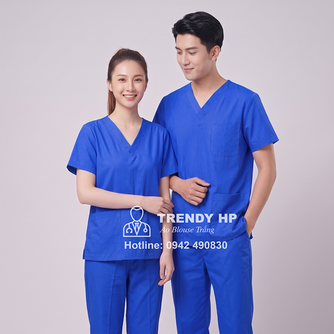 Bộ scrubs bác sĩ, kỹ thuật viên màu xanh cô ban (Xanh Đoàn) Cotton Cao Cấp điều dưỡng, dược sĩ, phòng khám, spa, thẩm mỹ viện