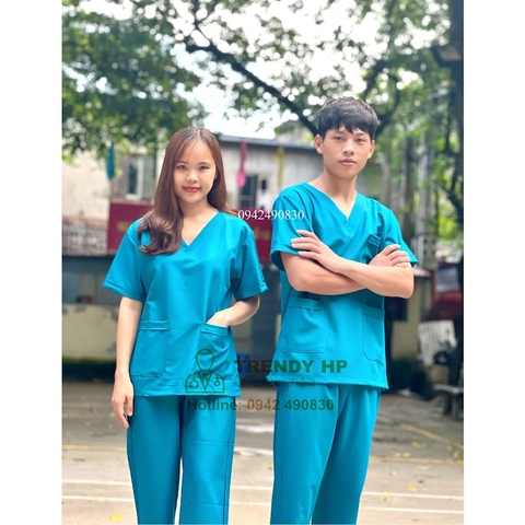 Bộ scrubs bác sĩ, kỹ thuật viên Cotton Cao Cấp màu Xanh Cổ Vịt đồng phục thẩm mỹ viện, spa, phòng khám