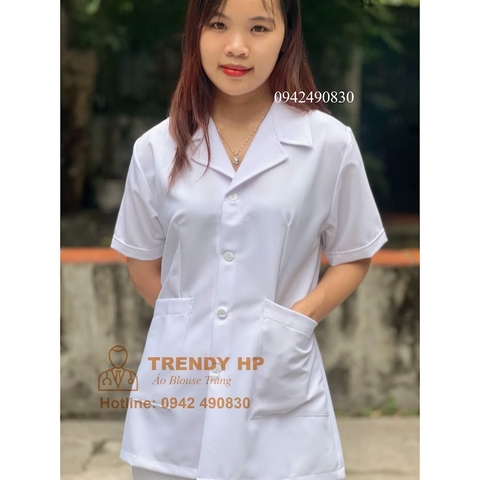 Bộ quần áo blouse trắng trơn dáng ngắn Cotton Cao Cấp cho điều dưỡng, dược sỹ, y tá, thẩm mỹ viện, spa