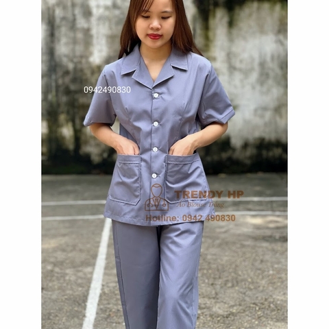 Áo công nghệ, áo đồng phục công nhân, tạp vụ, nhân viên bếp nữ cộc tay màu Ghi Xám