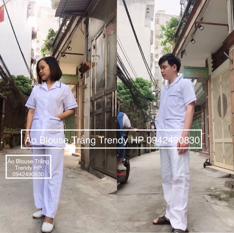 Bộ quần áo blouse trắng có viền xanh cho điều dưỡng, y tá, dược sỹ, thẩm mỹ viện chất Lon Nhật