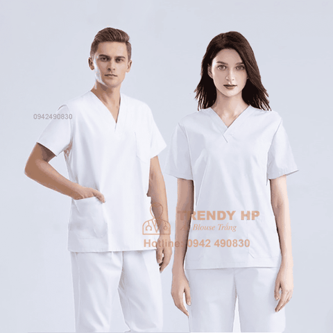Áo Blouse Trắng Trendy HP Bộ scrubs bác sĩ màu Trắng Cotton Cao Cấp - bộ đồng phục dược sỹ, kỹ thuật viên spa, nha khoa, phòng khám, đồng phục phòng khám