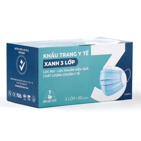 Khẩu Trang Bông Bạch Tuyết 3 Lớp Xanh (50 Cái* 20 Hộp)