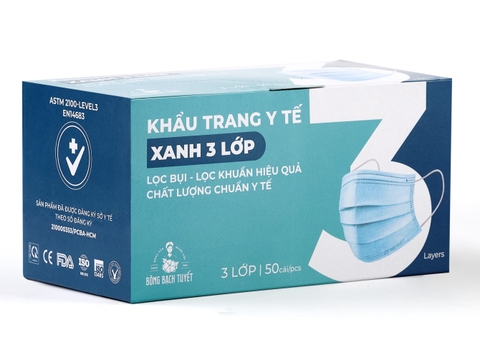 Khẩu Trang Bông Bạch Tuyết 3 Lớp Xanh (50 Cái* 20 Hộp)