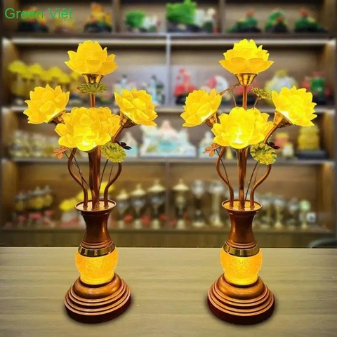 Đèn thờ hoa sen năm bông màu vàng DTS01