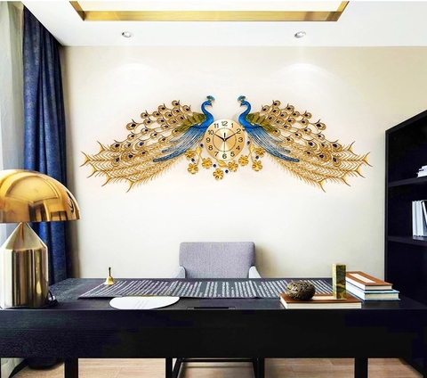 Đồng hồ trang trí nghệ thuật T1555 - Decor chim công đôi cho nội thất