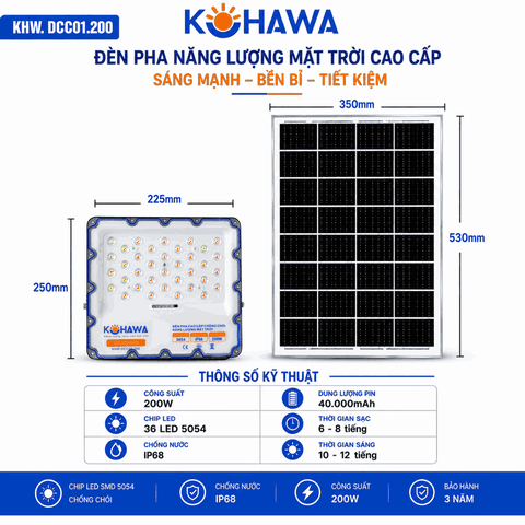 ĐÈN PHA CHỐNG CHÓI CAO CẤP NĂNG LƯỢNG MẶT TRỜI KOHAWA 200W