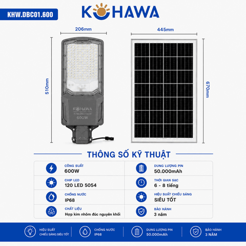 ĐÈN ĐƯỜNG BÀN CHẢI CAO CẤP NĂNG LƯỢNG MẶT TRỜI KOHAWA 600W