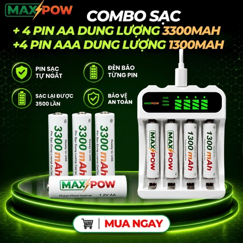 Combo 1 Sạc + 4 pin 3300mAh(AA) + 4 pin 1300mAh(AAA)