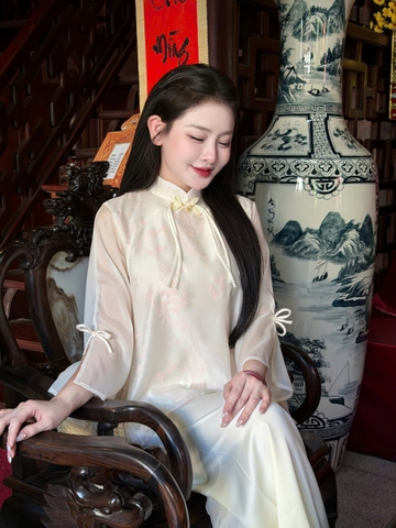 Bộ Cổ Tàu Dây Nơ Tơ Ngọc Trai Màu Be