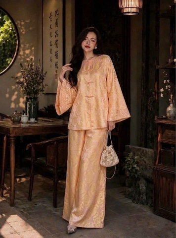 Bộ Cổ Tròn Đính Kim Sa Cổ & Tay Lụa Tằm Thọ Màu Hồng Kem