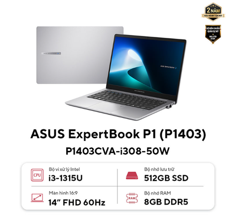 Laptop ASUS ExpertBook P1403CVA-i308-50W (Intel Core i3-1315U | Intel UHD | 14 inch FHD | 8GB | 512GB | Win 11 | Xám)