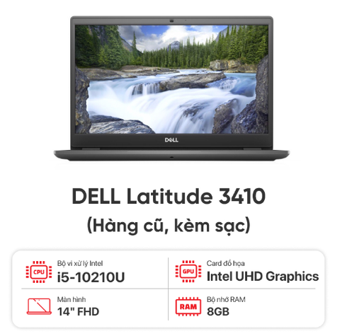 Laptop cũ [99%] Dell Latitude 3410 (i5-10210U | 8Gb | 256Gb | 14 FHD inch | Đen) Tặng túi + Sạc + Chuột BẢO HÀNH 03 THÁNG