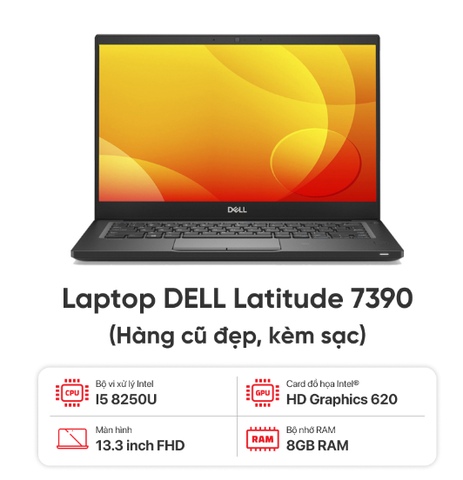 Laptop cũ [95%] Dell Latitude 7390 (i5- 8350U | 8GB | 256GB | 13.3 inch FHD | phím nhật zin) Tặng túi +Chuột * BẢO HÀNH 03 THÁNG*