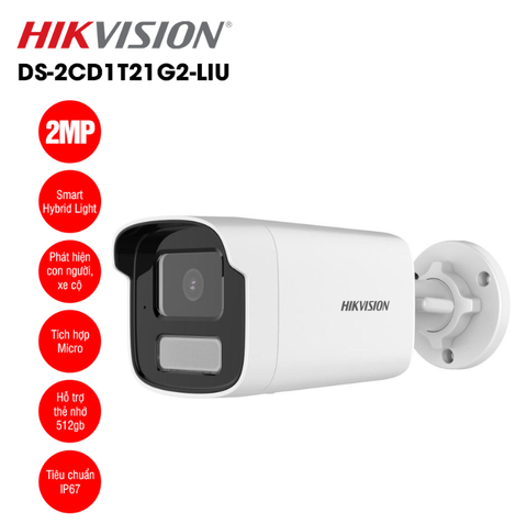 Camera IP 2MP thân trụ HIKVISION DS-2CD1T21G2-LIU (Ống kính 4mm | Ánh sáng trắng 50m | Có míc | IP67)