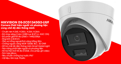 Camera IP dome 4MP HIKVISION DS-2CD1343G2-LIUF (bán cầu, ống kính 2.8mm, hồng ngoại 30m, có míc, có khe cắm thẻ, ngoài trời)