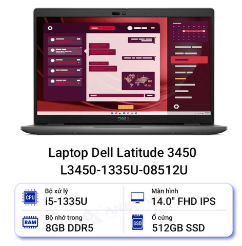 Laptop Dell Latitude 3450 L3450-1335U-08512U (i5-1335U | 8GB | 512GB | Intel UHD | 14 inch FHD | Ubuntu)