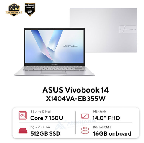 Laptop ASUS Vivobook X1404VA-EB355W (Intel Core 7 Processor 150U | Intel Graphics | 14 inch FHD | 16GB | 512GB | Win 11 | Bạc)