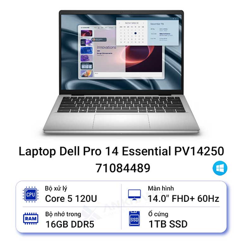Laptop Dell Pro 14 Essential PV14250-71084489 (Intel Core 5 120U | 16GB | 1TB | Intel Graphics | 14 inch FHD+ | Win 11 | ax+BT | McAfee LS | Bạc)