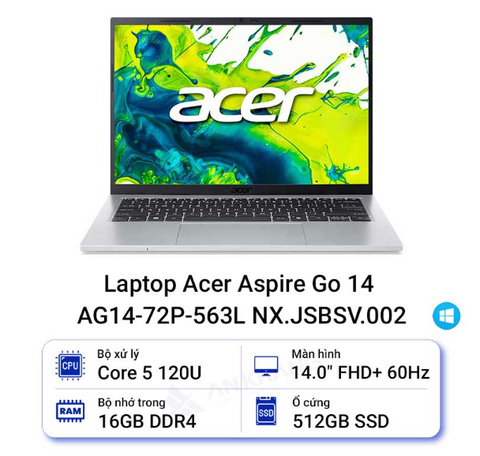 Laptop Acer Aspire Go 14 AG14-72P-563L NX.JSBSV.002 (Intel Core 5 processor 120U | 16GB | 512GB | Intel UHD | 14 inch FHD+ | Win 11 | Bạc)