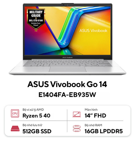 Laptop ASUS Vivobook Go 14 E1404FA-EB935W (AMD Mendocino R5 | AMD Radeon Graphics | 14.0-inch FHD | 16GB | 512GB | Windows 11 | Bạc)
