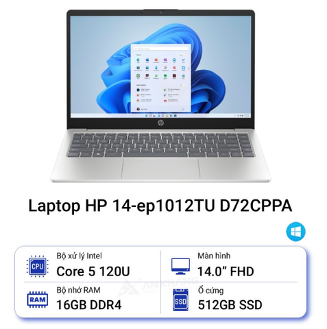 Laptop HP 14-ep1012TU D72CPPA (Intel Core 5 120U | 16GB | 512GB | Intel Graphics | 14 inch FHD | Win 11 | Bạc)