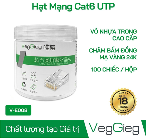 Hạt mạng RJ45 CAT6E UTP VegGieg V-E008 (mua 1 hộp 100c giá 150k) SL càng nhiều càng rẻ