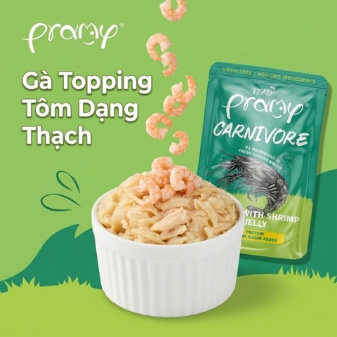 Pate Cho Mèo PRAMY CARNIVORE Vị Gà Topping Tôm Dạng Thạch Jelly 70g