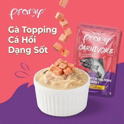 Pate Cho Mèo PRAMY CARNIVORE Vị Gà Topping Cá Hồi Dạng Sốt Gravy 70g