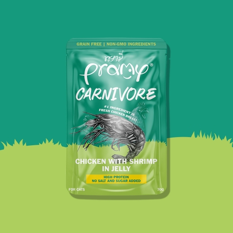 Pate Cho Mèo PRAMY CARNIVORE Vị Gà Topping Tôm Dạng Thạch Jelly 70g