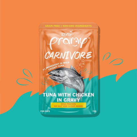 Pate Cho Mèo PRAMY CARNIVORE Vị Cá Ngừ Topping Thịt Gà Dạng Sốt Gravy 70g