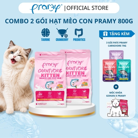 Combo 2 Gói Hạt Cho Mèo Con Giàu Đạm PRAMY CARNIVORE Vị Cá Hồi & Sữa Dê 800g - Cho Mèo Con & Mèo Mẹ 800g