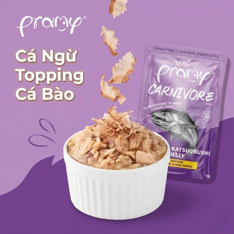 Pate Cho Mèo PRAMY CARNIVORE Vị Cá Ngừ Topping Cá Ngừ Bào Katsuobushi Dạng Thạch Jelly 70g