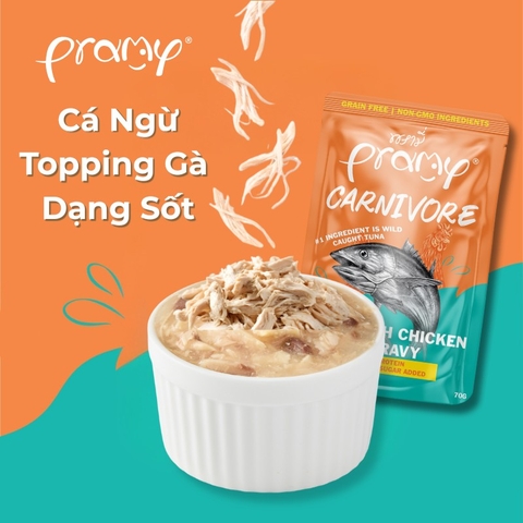 Pate Cho Mèo PRAMY CARNIVORE Vị Cá Ngừ Topping Thịt Gà Dạng Sốt Gravy 70g