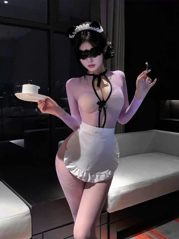 V357 Set Đầm Ngủ Tiểu Thư Phối Tạp Dề Trắng - Phong Cách Lolita Ngọt Ngào