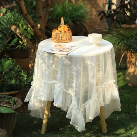 Khăn trải bàn voan ren trắng dệt tròn có viền phong cách Vintage nhiều kích thước trang trí, decor nhà cửa, phòng ngủ kt 70*70 mp17