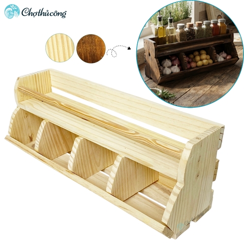 Kệ đựng đồ đa năng, kệ đựng gia vị nhà bếp bằng gỗ 2 tầng decor treo hoặc để bàn, kệ đựng hành tỏi