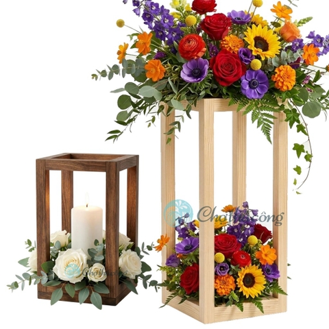 Kệ gỗ decor trang trí đám cưới cưới, đế cắm hoa, giá kệ để hoa, lồng đèn nến decor để bàn, flower stand
