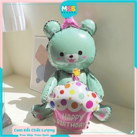 Bóng gấu ôm hình bánh kem Happy Birthday trang trí sinh nhật