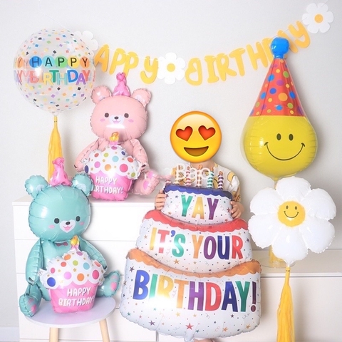 Bóng gấu ôm hình bánh kem Happy Birthday trang trí sinh nhật
