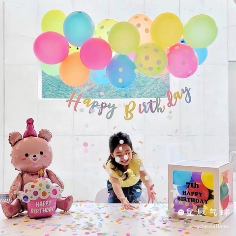 Bóng gấu ôm hình bánh kem Happy Birthday trang trí sinh nhật