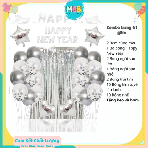Set Trang Trí Tết 2024 Bóng Chữ HAPPY NEW YEAR Chúc Mừng Năm Mới 2024 Bạc Kèm Rèm