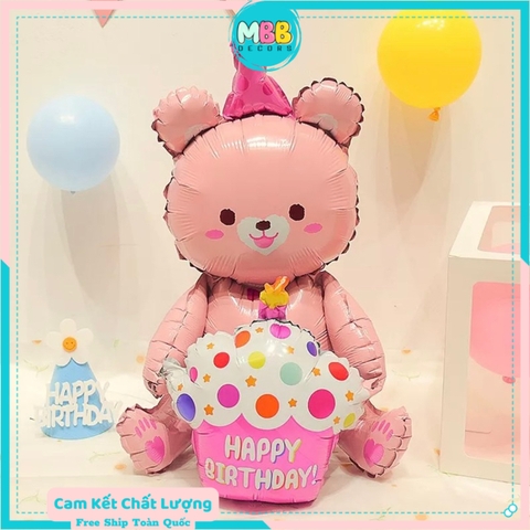 Bóng gấu ôm hình bánh kem Happy Birthday trang trí sinh nhật