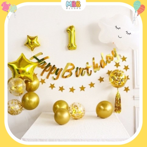 Set Bóng Trang Trí Sinh Nhật Thôi Nôi Cho Bé, Set Sinh Nhật 1 Tuổi Đầy Đủ Phụ Kiện Như Mẫu (Tặng Bơm & Keo)