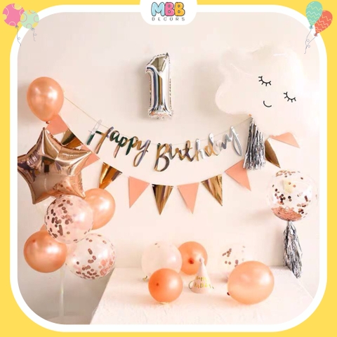Set Bóng Trang Trí Sinh Nhật Thôi Nôi Cho Bé, Set Sinh Nhật 1 Tuổi Đầy Đủ Phụ Kiện Như Mẫu (Tặng Bơm & Keo)