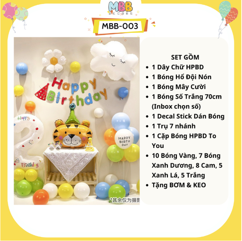 Set Trang Trí Sinh Nhật Cho Bé Trai Gái Phong Cách Hàn Quốc, Bong Bóng Hổ Đội Nón Đáng Yêu MBB-003
