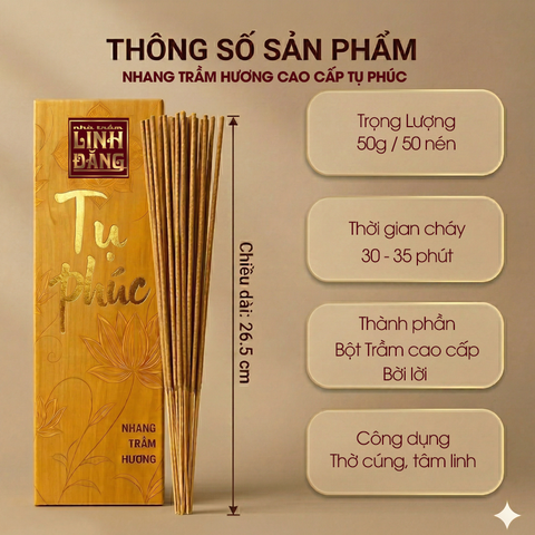Nhang Trầm Hương Cao Cấp Tụ Phúc – Thơm Sâu, Lưu Hương Lâu, Tàn Sạch, Ít Khói | Hộp Kéo Nhũ Vàng Sang Trọng 50g/150g