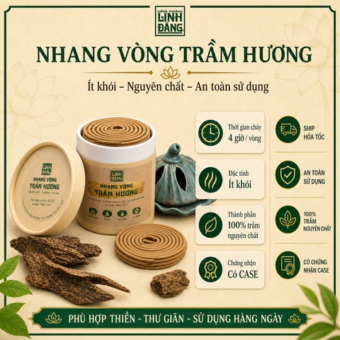 Nhang Vòng Trầm Hương Linh Đăng Cháy 4H – 100% Trầm Tự Nhiên, Ít Khói, Không Hóa Chất - Hộp 24 vòng