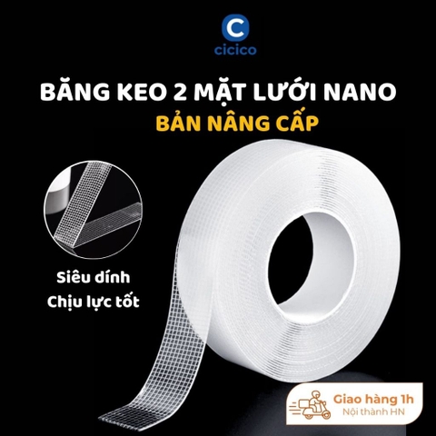 Băng dính 2 mặt trong suốt BD001, băng keo nano dạng lưới siêu dính, cuộn băng keo dán tường đa năng 1m-3m-5m