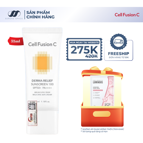 Kem Chống Nắng Thuần Vật Lý An Toàn Cho Mẹ Bầu & Em Bé Cell Fusion C Derma Relief Sunscreen 100 SPF 50+ PA++++ Serene Space Sản Phẩm Chính Hãng